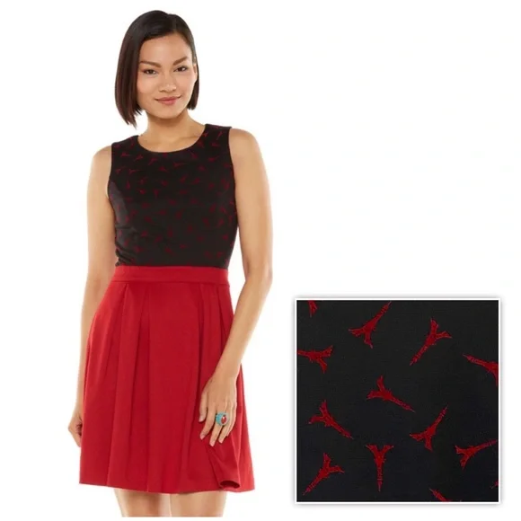 ELLE Dress Eiffel Tower Paris Pleated Ponte Knit Sleeveless Black Red Size 10 - Picture 2 of 13